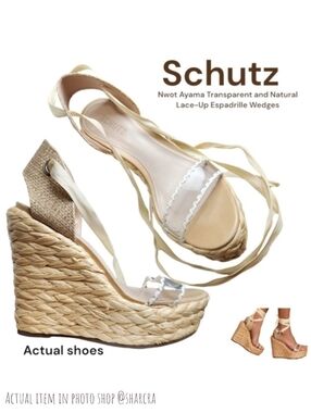 Schutz Ayama Transparent Natural Lace-Up Leather Espadrille Wedges Platform 9 B